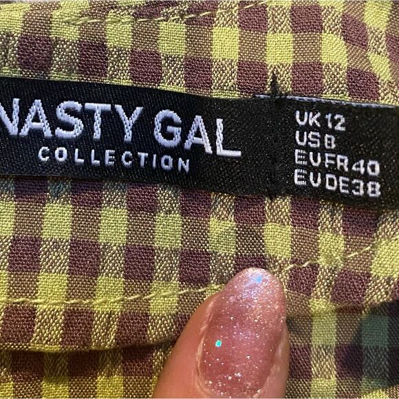Nasty Gal Size 8 Puff‎ Sleeve Gingham Print Fitted Mini Dress Green Cottagecore - Picture 3 of 9